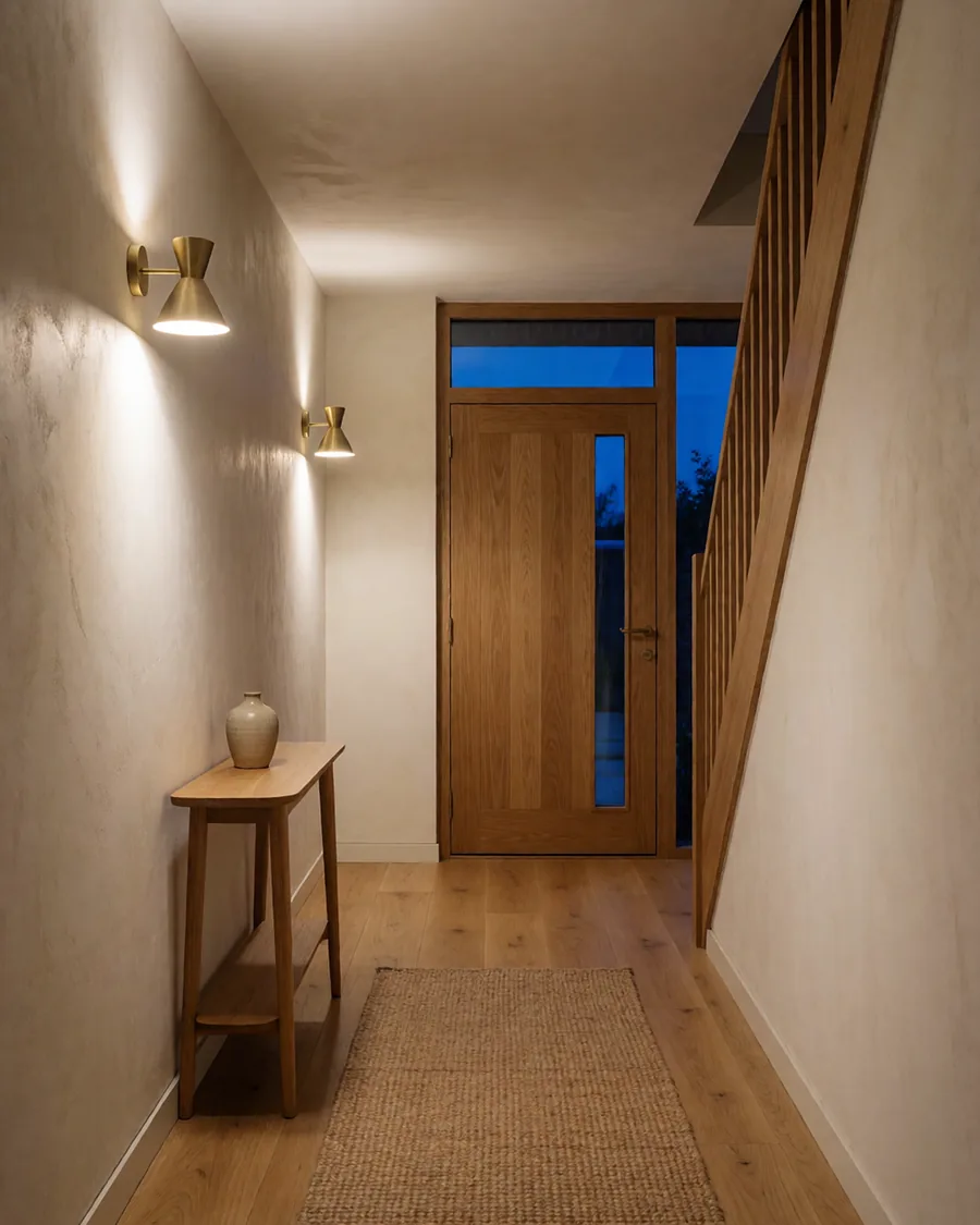 Entrée d’une maison en briques rénovée, deux appliques en laiton allumées sur le mur enduit à la chaux, une console en chêne et la porte d’entrée en chêne, le ciel bleu du soir derrière la vitre.