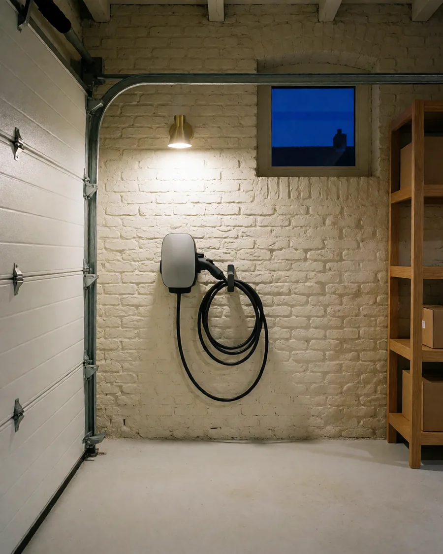 Garage aux murs de briques chaulées, une borne de recharge murale grise avec son câble enroulé sur un crochet, éclairée par une applique en laiton, à côté de la porte sectionnelle.