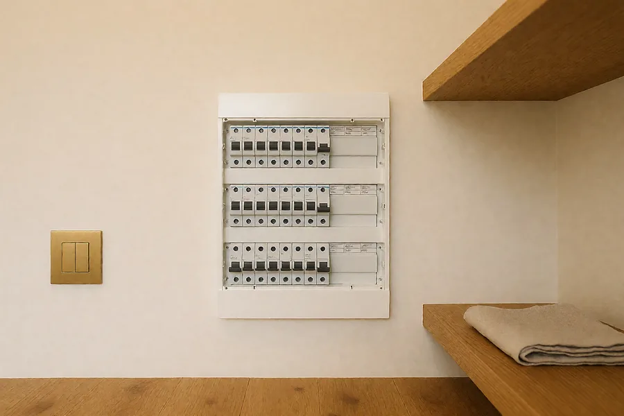 Après : le même mur avec un tableau électrique neuf et rangé, trois rangées de disjoncteurs repérées par des étiquettes, à côté d’un interrupteur en laiton.