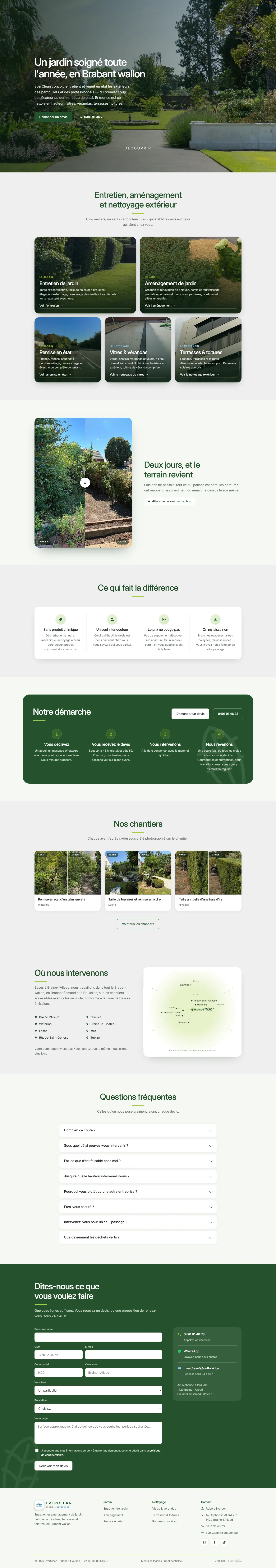Le site EverClean sur ordinateur, parcouru section par section : l'accueil, les prestations, les avant / après, la démarche, les chantiers, les communes desservies, les questions fréquentes, la demande de devis.